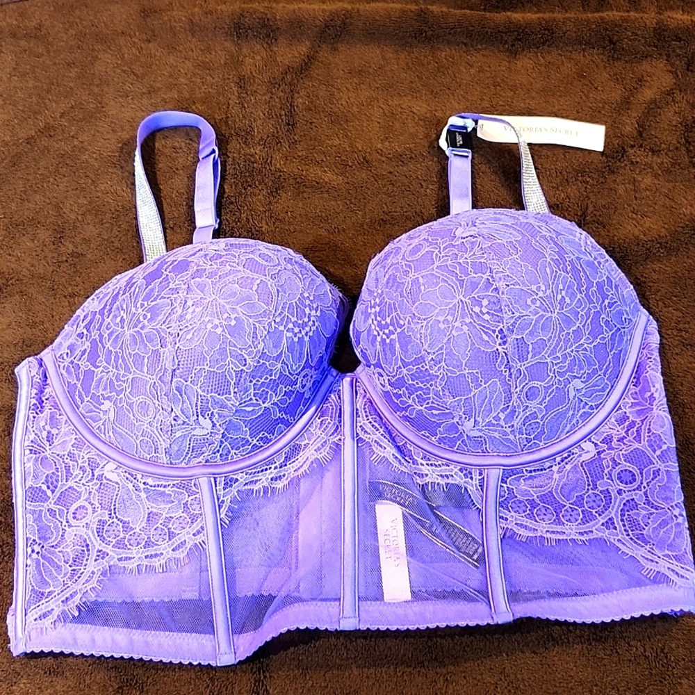 VICTORIA Secret a luxurious lavender purple corset Bamshell shine strap NWT 38D